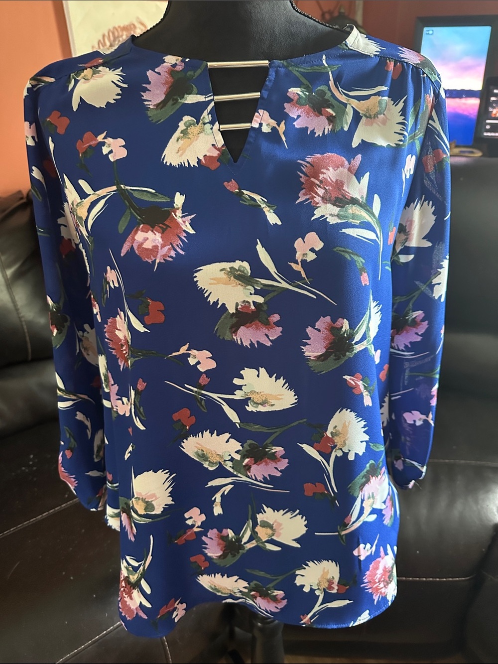 Apt. 9 Royal Blue Floral Ladder-Trim Blouse
